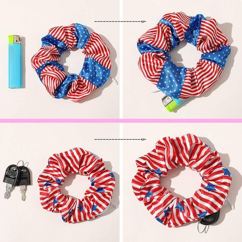 DINPREY 7 Pcs Independence Day Pocket Scrunchies for women Hair Ties with Hidden Zipper Stash Scrunchy Ponytail Holder (USA American Flag) - Image 4